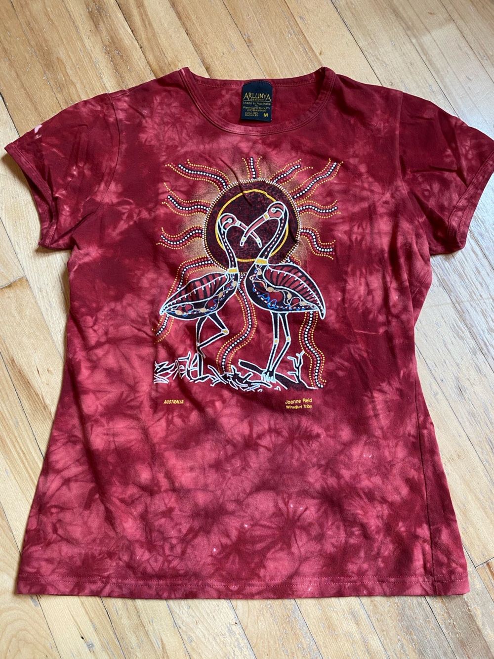 Vintage Maroon Tie-Dye Graphic Tee Embellished Bird Sun Design Australia M Boho